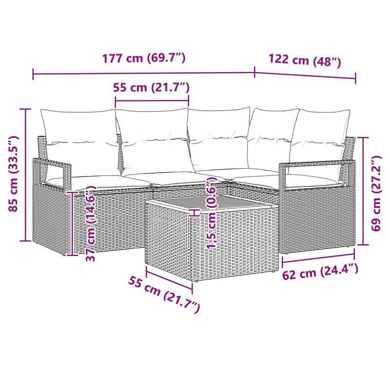 vidaXL 5 Garden Sofa Set with Cushions Black/Grey Poly Rattan - 69.7 x 48 x 27.2