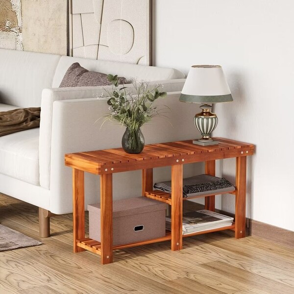 3 Tier Acacia Wood Shoe Organizer Entryway Bench with Storage Shelves 34.25 11 17.75 Brown