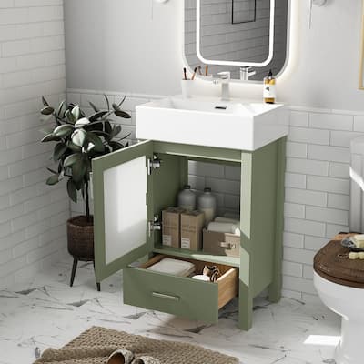 Bathroom Vanity with Ceramic Sink, 20-Inch Freestanding Bathroom Storage Cabinet with Soft Close Door, Ceramic One-piece Basin
