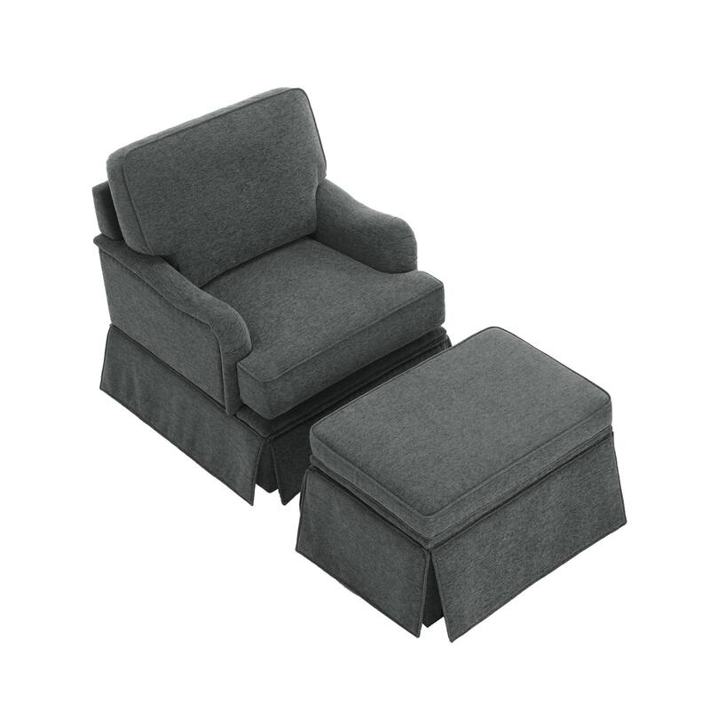 Chenille Swivel Accent Chair Storage Ottoman Set with Nailhead Trim Skirt