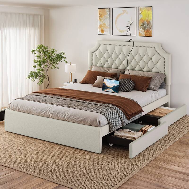 Moasis Velvet/Linen Upholstered Bedframe with Adjustable Headboard and 4 Storage Drawers - Linen Beige - Queen