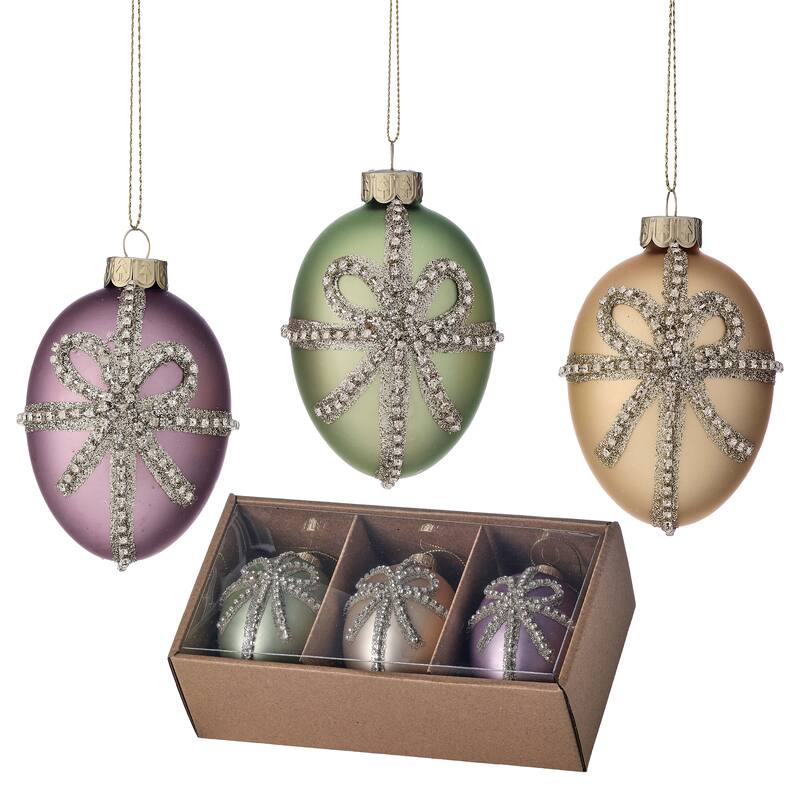 3.5" Glass Royalty Egg Ornament With Jewel Bow Box of 3