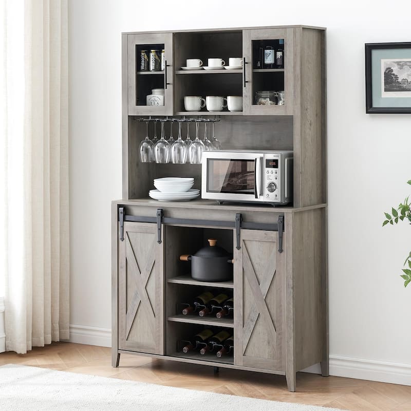 70'' Wine Bar Cabinet with Storage Hutch, Tall Coffee Bar Cabinet with Sliding Barn Doors, Bottle Glasses Rack