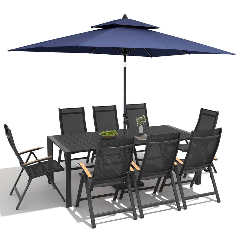 9/11-Piece Outdoor Patio Dining Set Aluminum Dining Table and Chairs w/10 ft Market Umbrella and Base