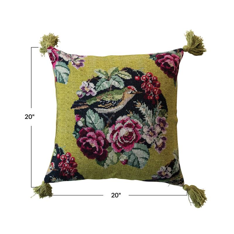 Linen Blend Pillow with Bird, Flowers and Tassels