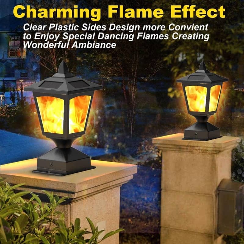 2-Pack Solar Post Cap Lights 4x4 Flickering Flame, Waterproof LED for Fence, Garden, Pathway - N/A