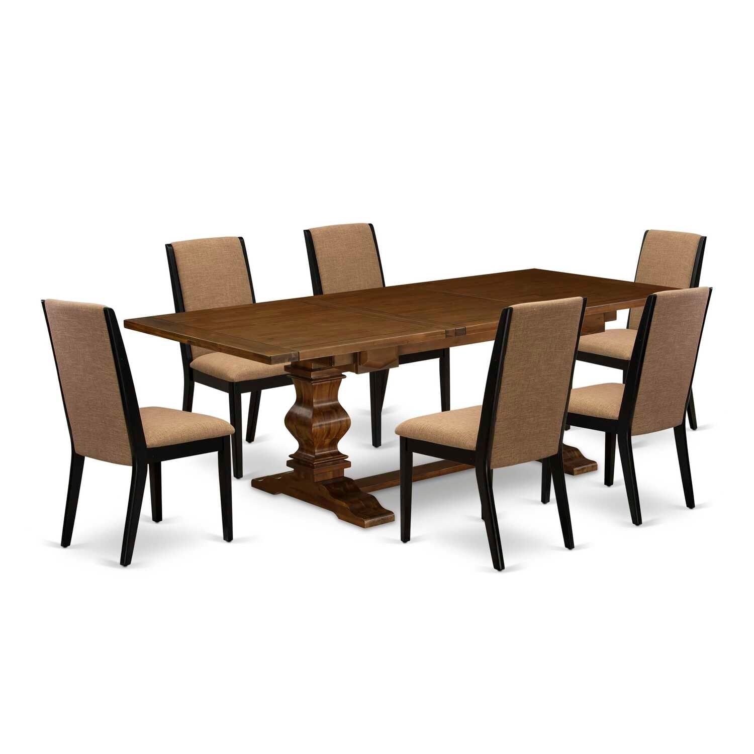 7-Piece Kitchen Dining Set - Rectangular Table & Parsons Chairs - Antique Walnut & Black Finish - 92
