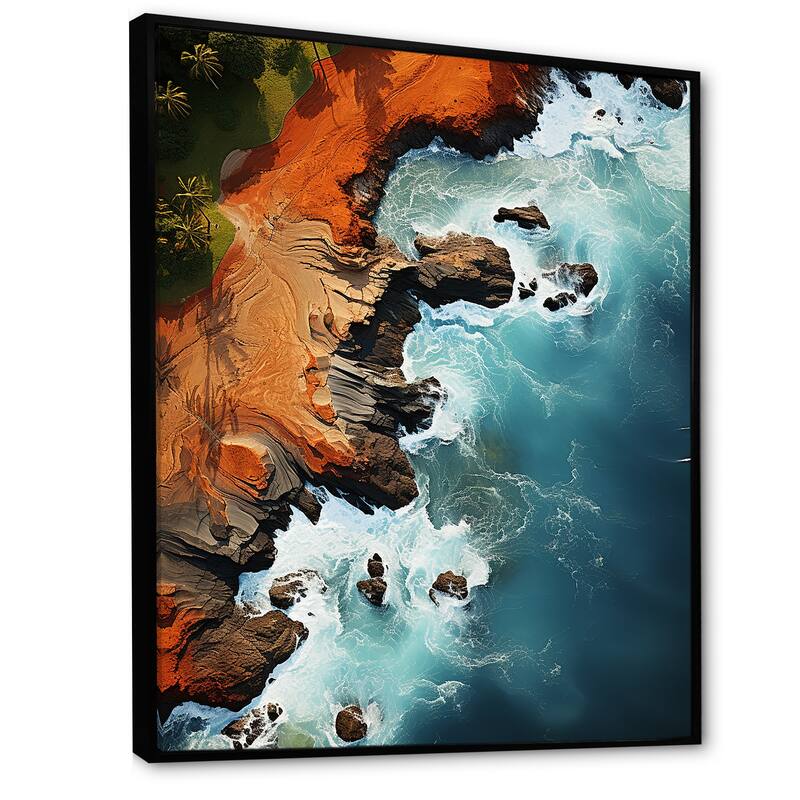 Designart "Rocky Beach Aerial View I" Coastal Beach White Wall Decor - Coastal Hallway Framed Wall Art Decor