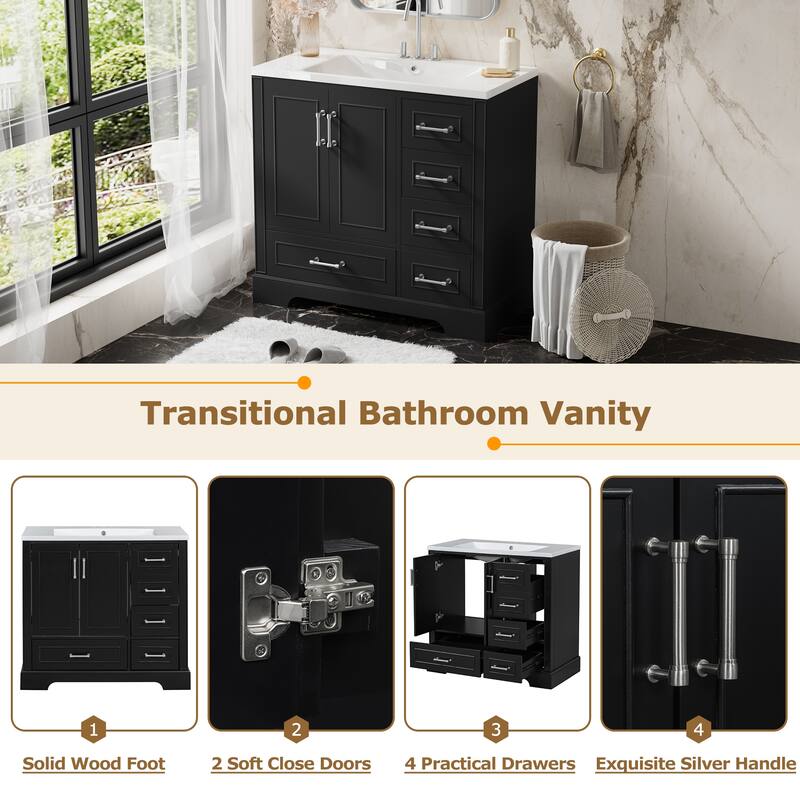 36-inch Traditional Bathroom Vanity with Resin Sink Combo Set, Black Bathroom Cabinet with Two Doors and Four Drawers，Black