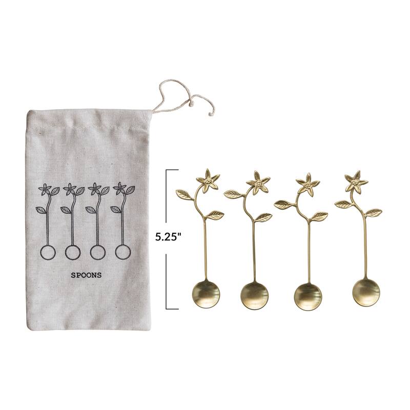 Stainless Steel and Brass Spoons with Flower Handles - 5.4"L x 1.1"W x 0.3"H - 5.4"L x 1.1"W x 0.3"H