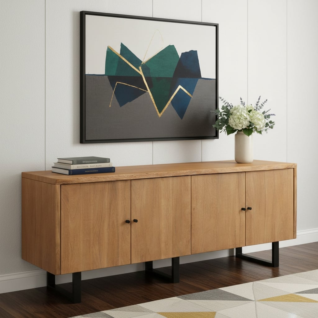 HomeRoots 80" Natural Distressed Solid Wood Live Edge Credenza With Four Doors - 80.00 in. x 30.00 in. x 18.00 in.