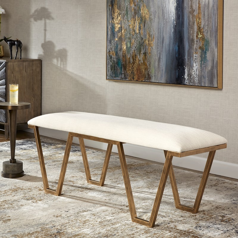 Upholstered Cushion Bench with Iron Legs - 53.75" - Antique Gold Finish