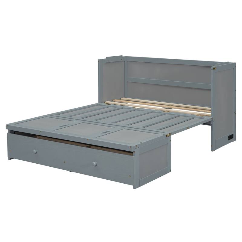 Space-Saving Full Size Murphy Bed with USB Port and Large Drawer, Gray