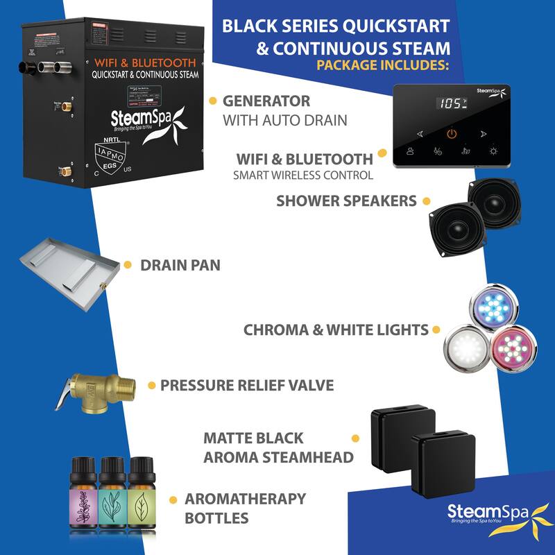 Black Series 10.5KW Steam Bath Generator with Fully Wireless Remote, BLUETOOTH, WIFI, and Auto Drain - 10.5 KW