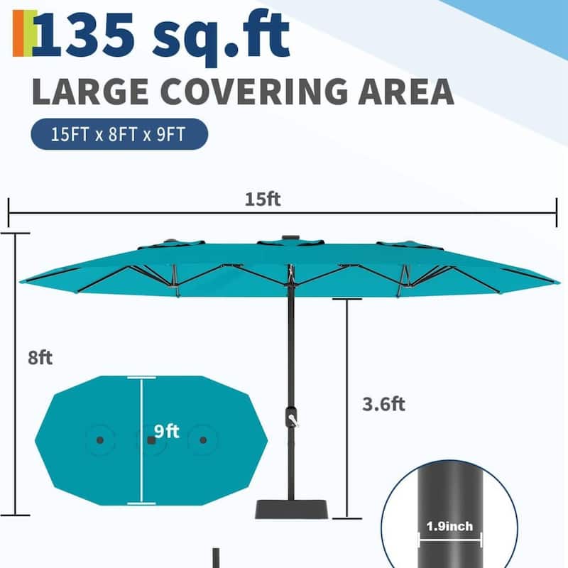 15FT Double-Sided Patio Umbrella with Base Included for Pool Lawn Garden