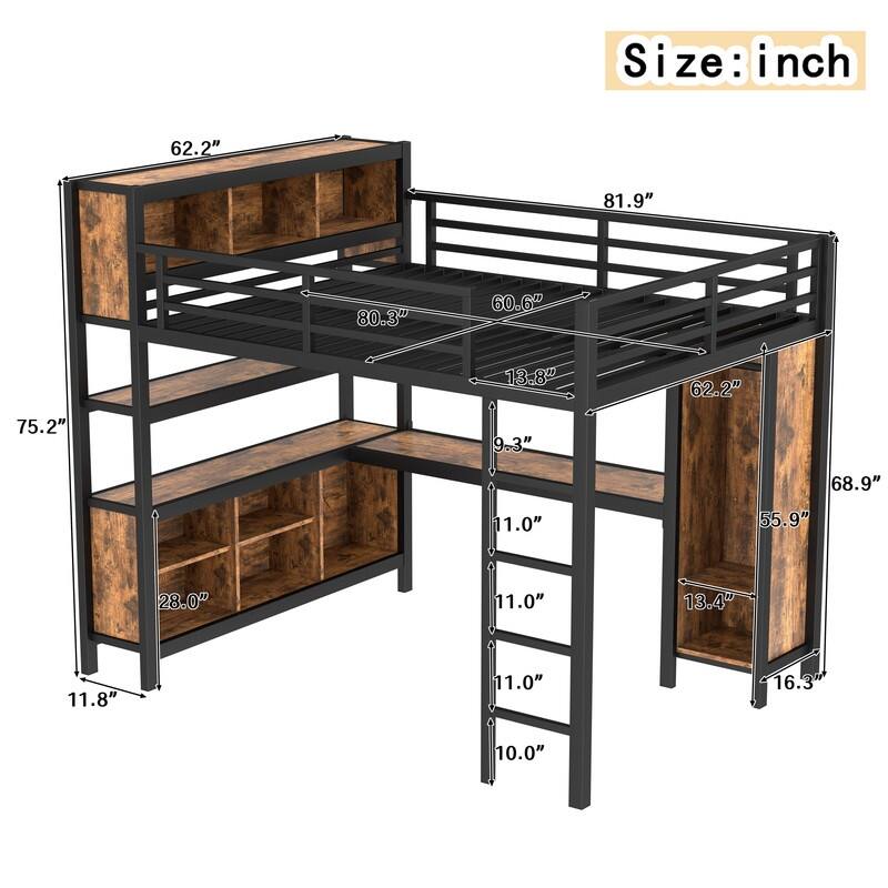 Queen Size Heavy Duty Metal Loft Bed with Wardrobe & L-shaped Desk, Multi-functional Storage Bed Frame with Cubes & Shelves