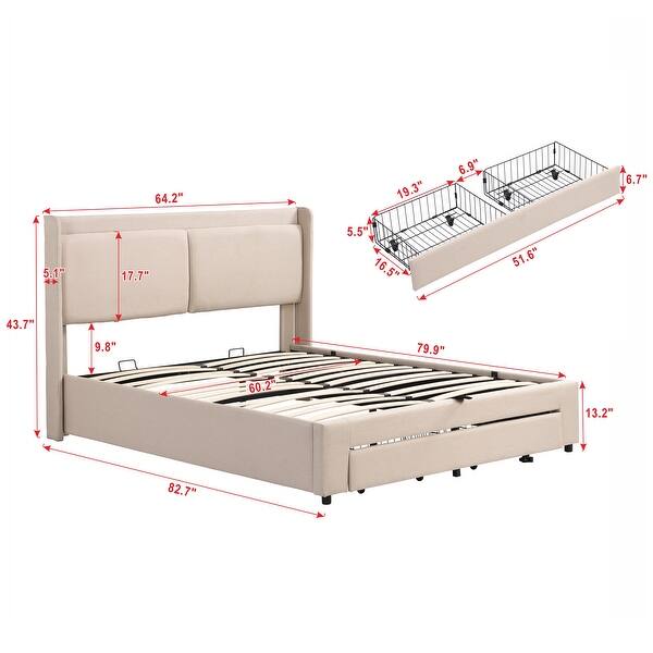 dimension image slide 2 of 3, Modern Queen Size Upholstered Hydraulic Platform Bed with 2 Drawers - Large Storage Space, Metal Construction