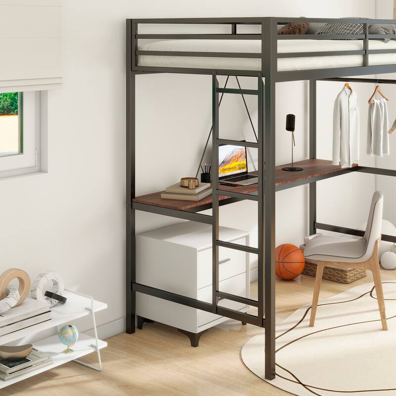 Sturdy Twin Size Loft Bed with Cinnamon Wood Desk and Closet Rod, Metal High Loftbed Frame with Ladder and Guardrails