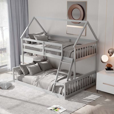 Twin Over Full House Bunk Bed with Ladder Convertible to 2 Beds