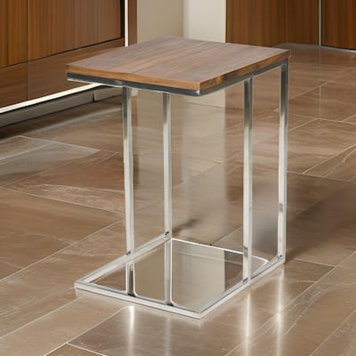 Zen 23 Inch Side Table, Rectangular Tray Top, C Shape Chrome, Walnut Brown