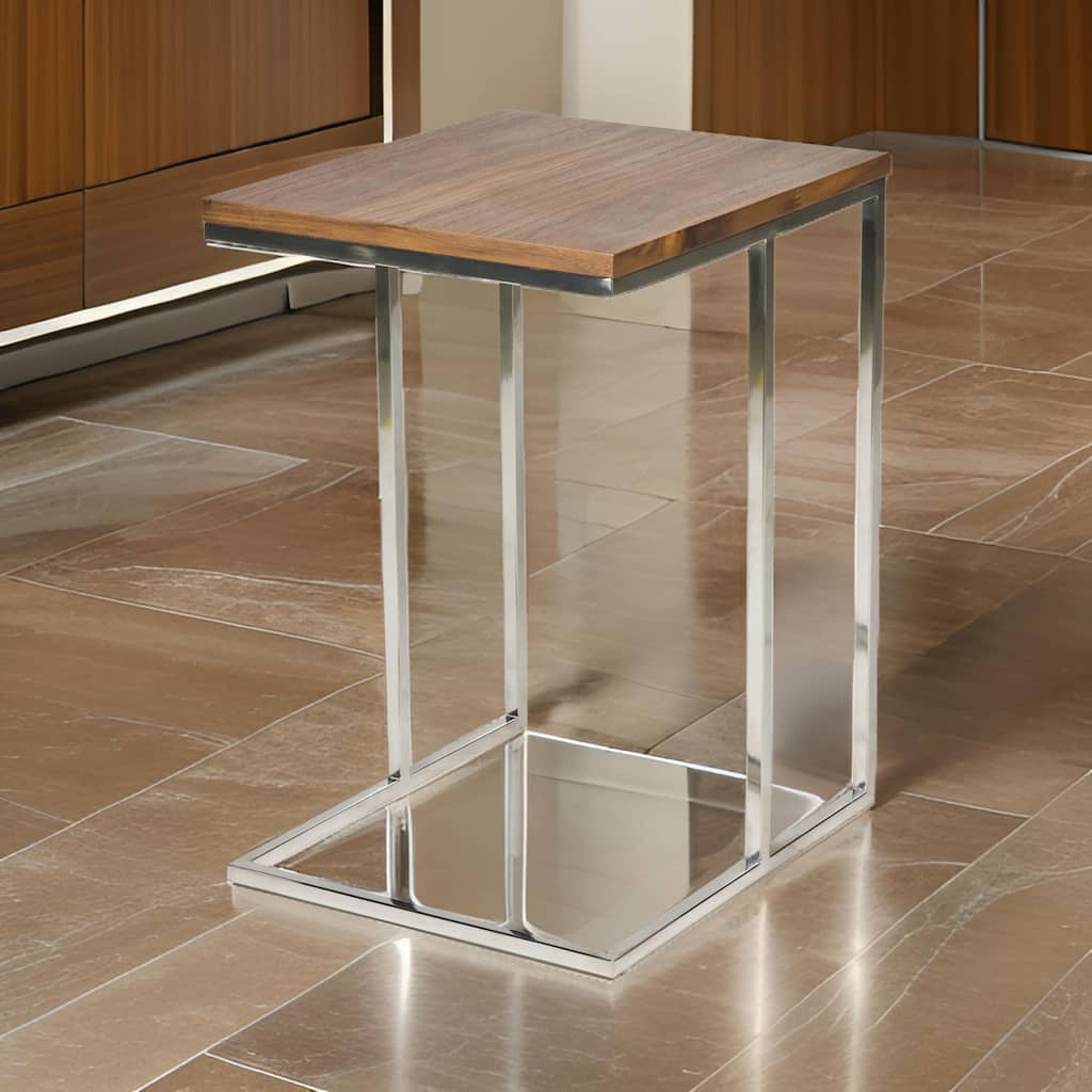 Zen 23 Inch Side Table, Rectangular Tray Top, C Shape Chrome, Walnut Brown