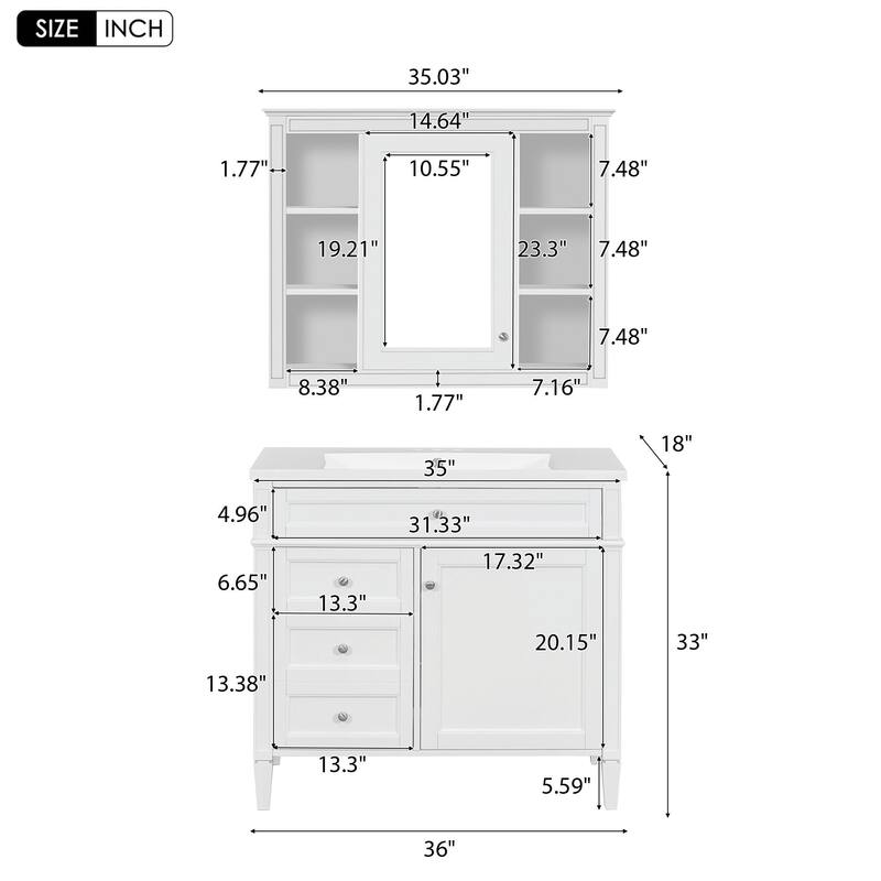 36'' Bathroom Vanity with Top Sink - Modern Storage Cabinet with Mirror