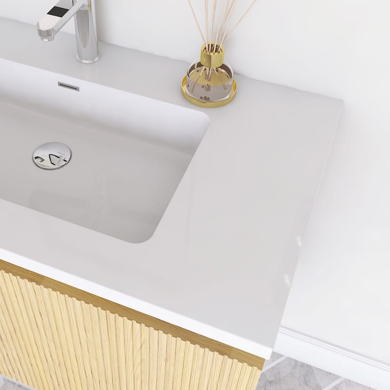 Floating Bathroom Vanity in Yellow Oak with Integrated Resin Top