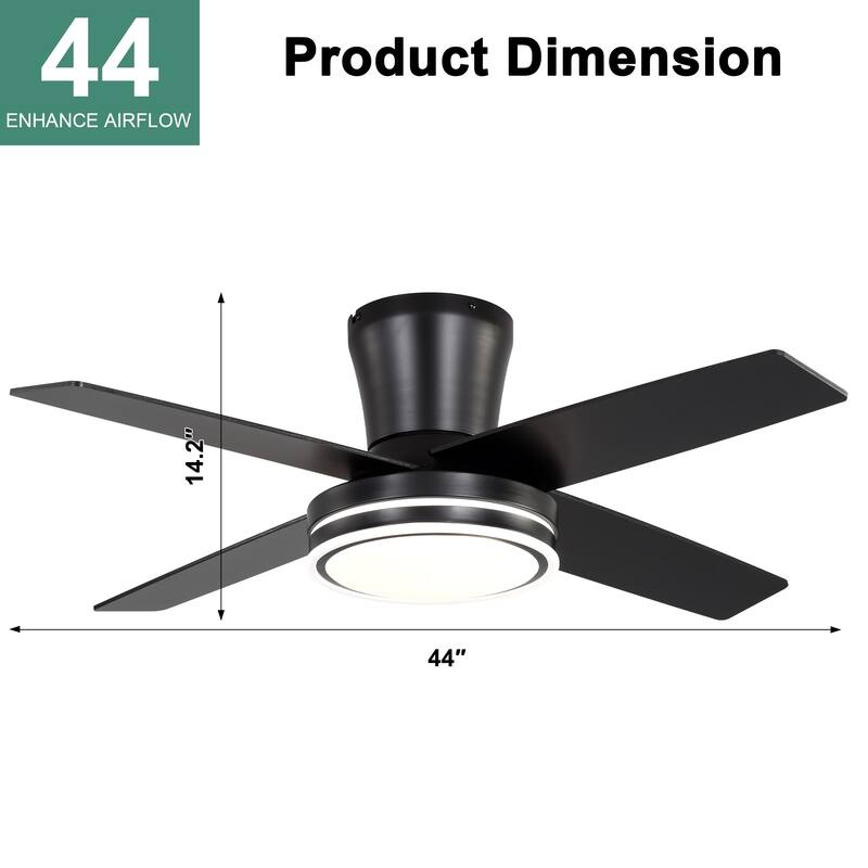 Cusp Barn 44" Low Profile Flush Mount Ceiling Fans with Lights and Remote, Modern 6 Speeds Quiet Reversible DC Motor Ceiling Fan