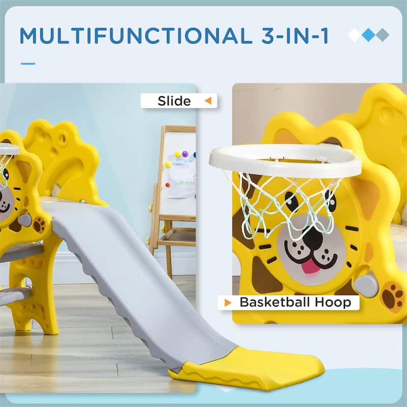 Yellow Grey PE 3-in-1 Kids Slide with Climber and Basketball Hoop - 51.5" L x 19.75" W x 29.25" H