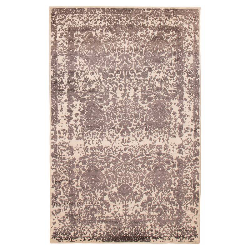 ECARPETGALLERY Hand-knotted Heritage Cream, Dark Grey Silk, Wool Rug - 5'7 x 8'10 - Cream/ Dark Grey - 5'7 x 8'10