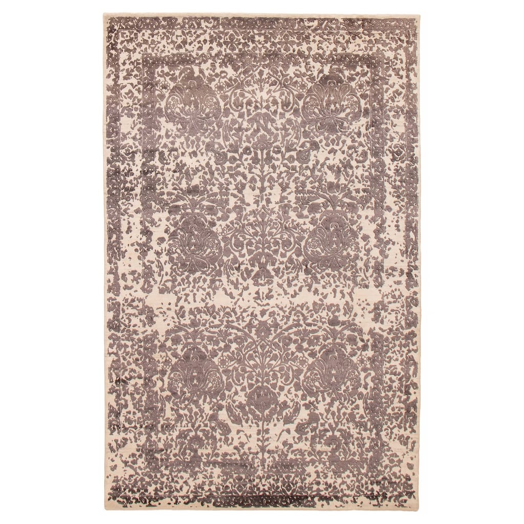 ECARPETGALLERY Hand-knotted Heritage Cream, Dark Grey Silk, Wool Rug - 5'7 x 8'10