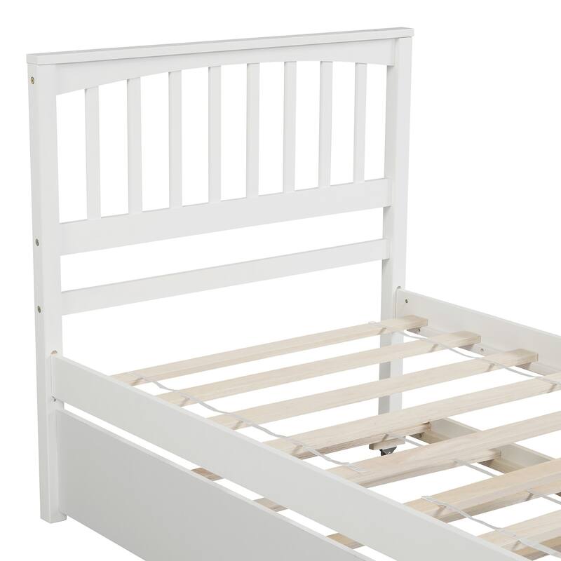 Twin Size Platform Bed with Trundle Bed, Headboard and Footboard & Wooden Slat Support