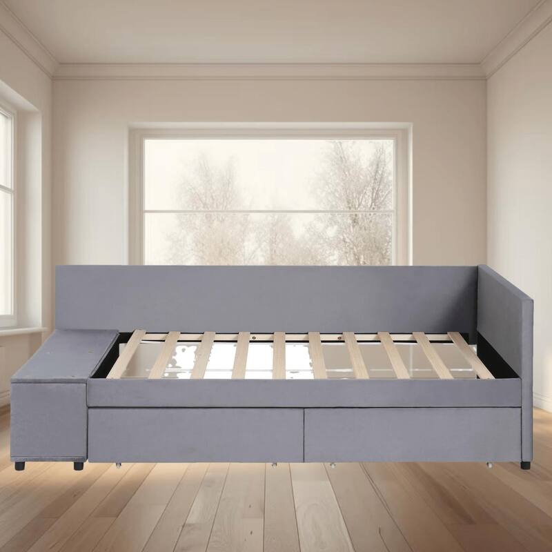 Luxurious Twin Size L-Shaped Upholstered Platform Bed with Velvet Upholstery and Storage Drawers for Bedroom Organization - Grey - Twin