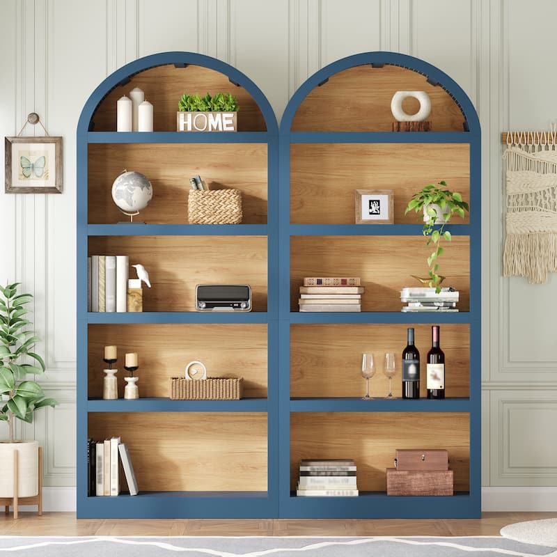 Freestanding Tall Bookshelves Set of 2, Farmhouse Two-Tone Open Storage Cabinet with Fabric Arched Top, 5-Tier Display Bookcase