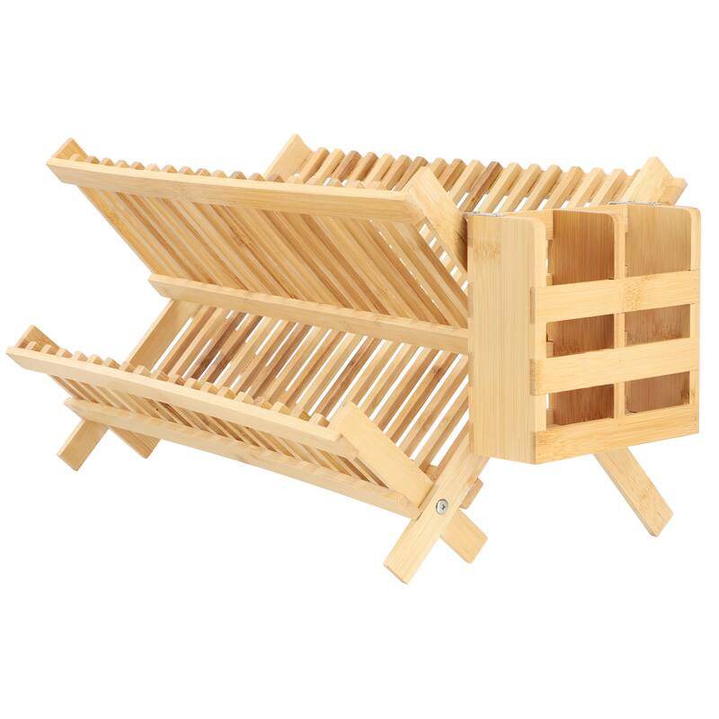 MegaChef 2-Tier Collapsible Kitchen Bamboo Drying Dish Rack with Utensil Holder