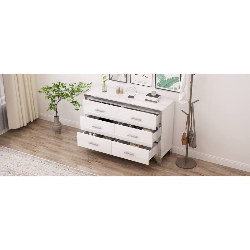 Elegant High Gloss Dresser with Metal Handle,Mirrored Storage Cabinet with 6 Drawers for Bedroom