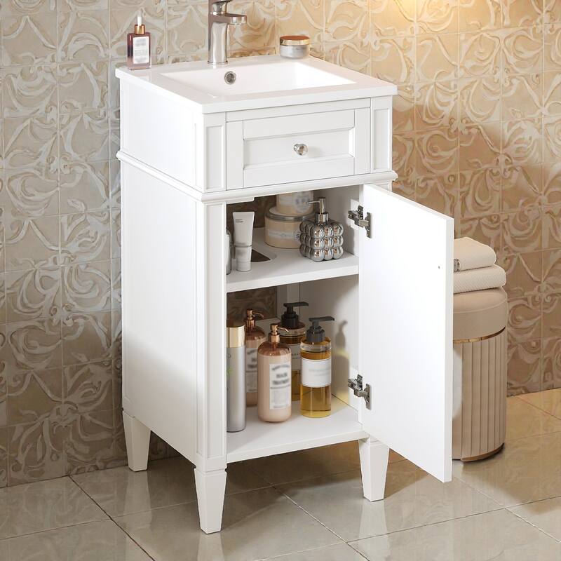 16 Inch Bathroom Vanity with Ceramic Sink, Freestanding Single Vanity, Soft Close Door, French Style Solid Wood Legs