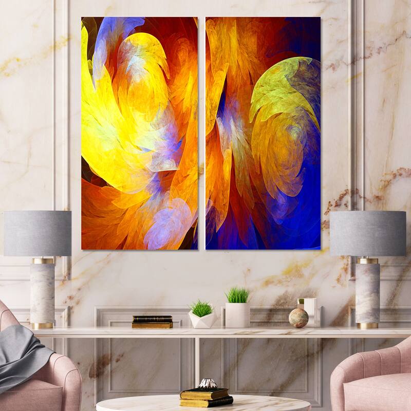 Designart "Yellow Fractal Abstract Pattern" Abstract Canvas Wall Art Print 2 Piece Set - 20" W x 40" H x 1" D x 2 Pieces