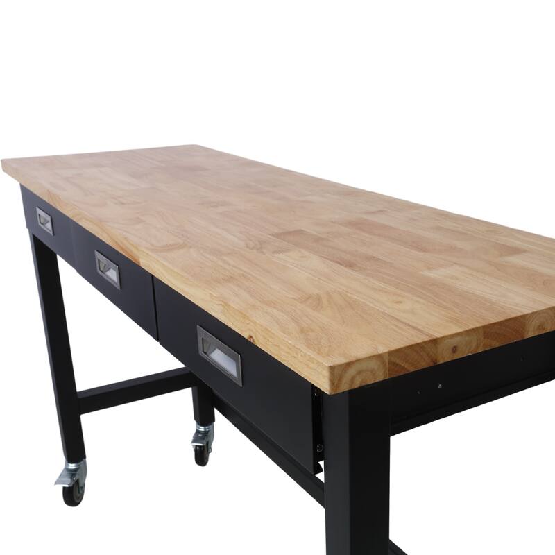 Bamboo Bench,Storage Workbench with Drawer, Wood Work Table with Wheels