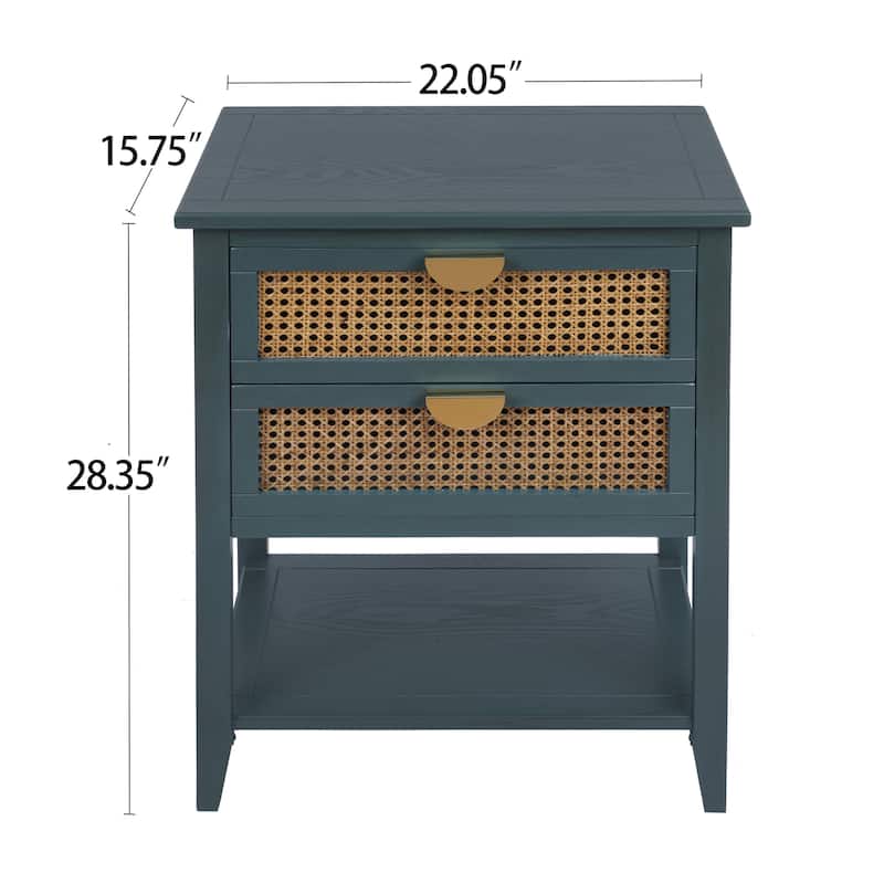 Roomfitters 2 Drawer Side Table, Rattan Nightstand End Table with Storage for Bedroom, Living Room