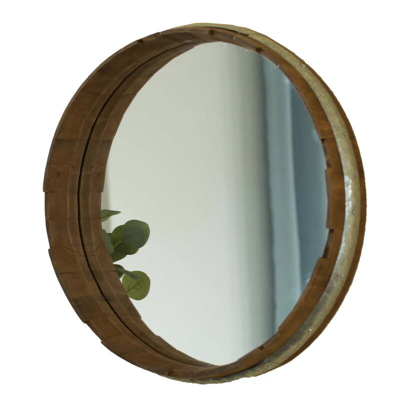Round Rustic Wood and Galvanized Metal Framed Wine Barrel Shaped Wall Mirror - N/A - Antique Brown