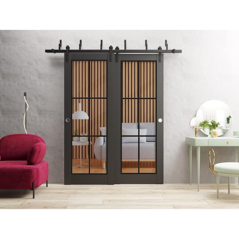 Barn Bypass Doors 36 x 80 Lucia 2366 Matte Black Clear Glass Sturdy 6.6ft