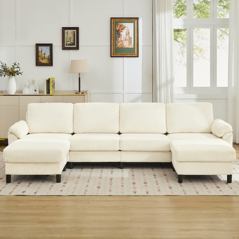 116.5" Corduroy U-Shaped Modular Sectional Sofa with 2 Movable Ottomans - Beige