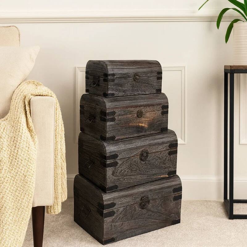 Wooden Lift Top Storage Box with Grain Details, Set of 3, Gray