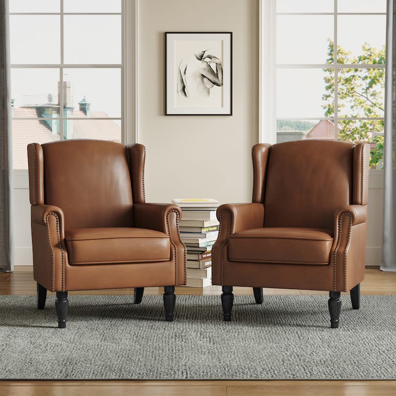 Upholstered Nailhead Trim Armchair Wingback Accent Chairs Set of 2 - Brown Leather