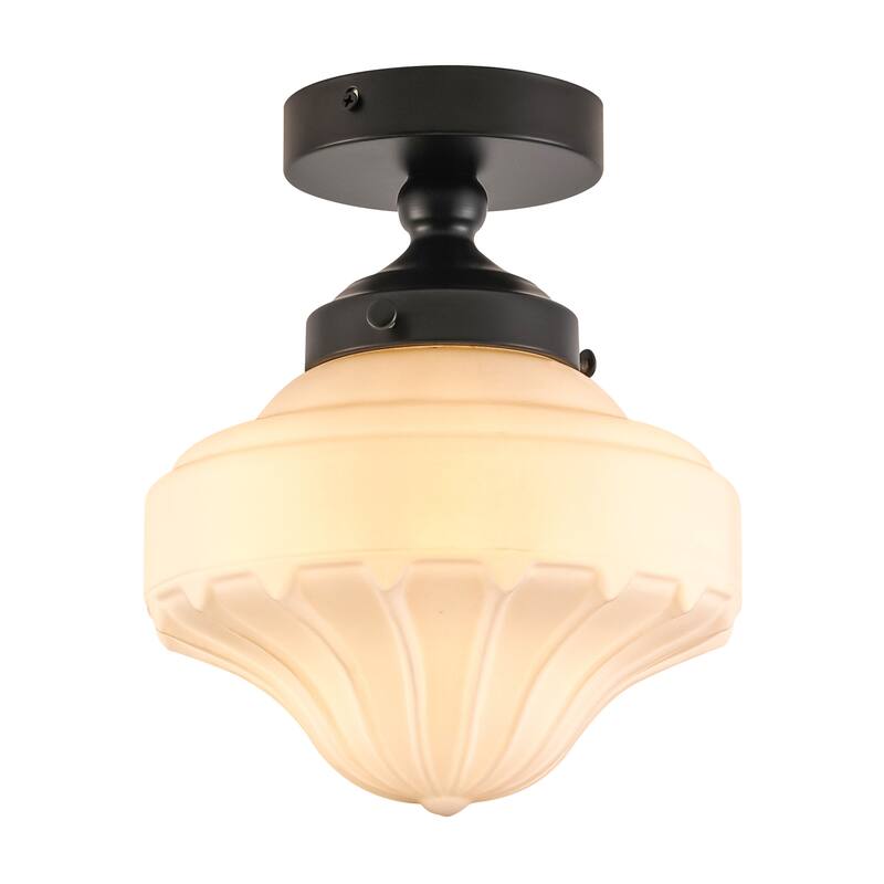 8.7 in. 1-Light Retro Black/Antique Gold Ice-Cream Shaped Semi-Flush Mount Ceiling Light with Opal Textured Glass Shade