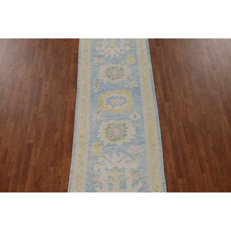 Vegetable Dye Oushak Turkish Runner Rug Hand-knotted Blue Wool Carpet - 3'3"x 12'10"