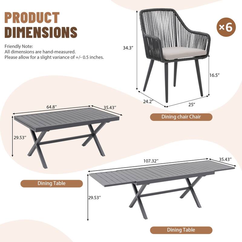 Expandable Aluminum Outdoor Dining Set with 6 Woven Rattan Chairs