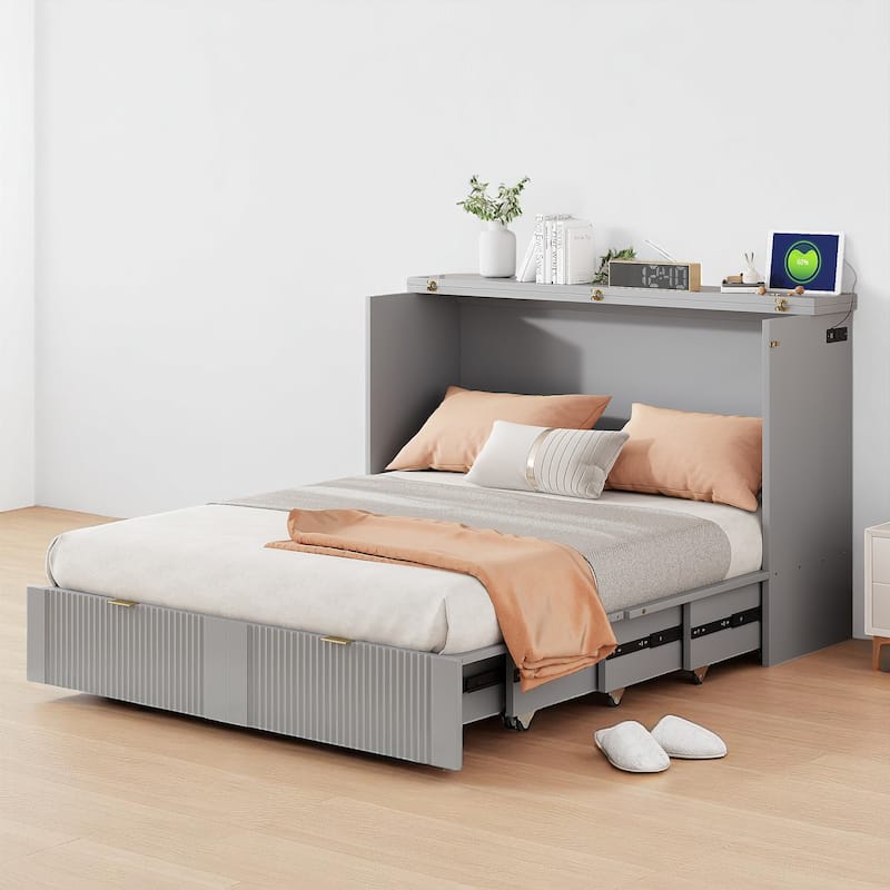 Full/Queen Size Murphy Bed Cabinet with Pulley Folding Design, USB Ports, Sockets and Large Storage Drawer