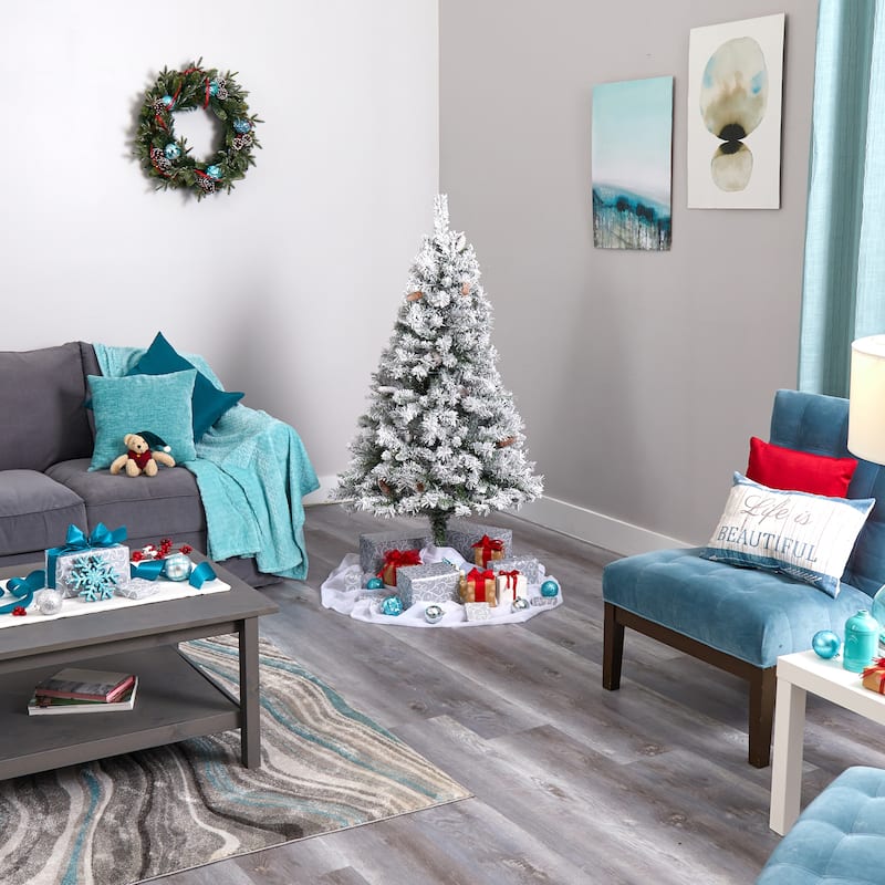 5' Flocked with White Pinecones Artificial Christmas Tree, Unlit - 5 Foot